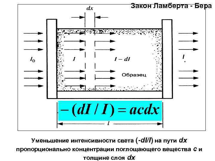 Закон Ламберта - Бера I Уменьшение интенсивности света (-d. I/I) на пути dx пропорционально