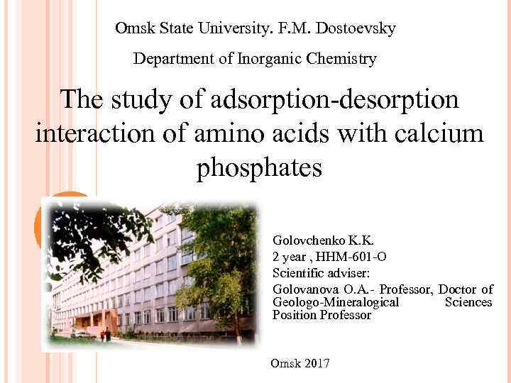 Omsk State University. F. M. Dostoevsky Department of Inorganic Chemistry The study of adsorption