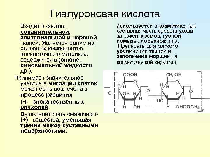 Гиалуроновая кислота Входит в состав соединительной, эпителиальной и нервной тканей. Является одним из основных