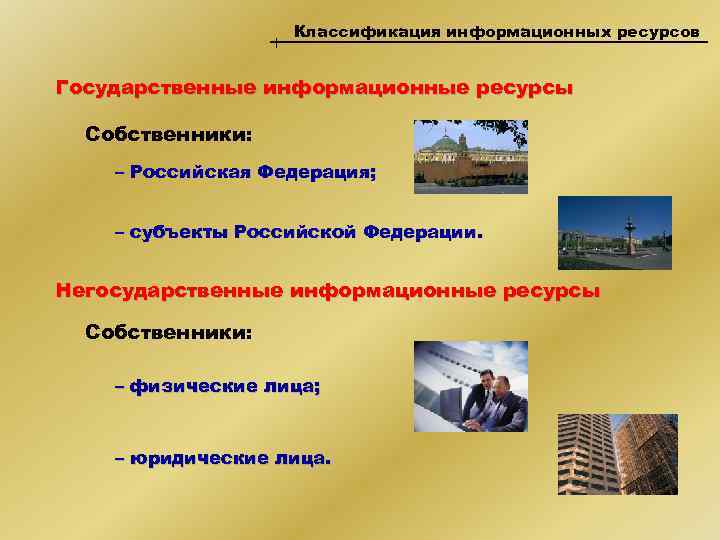 Классификация информационных ресурсов Государственные информационные ресурсы Собственники: – Российская Федерация; – субъекты Российской Федерации.