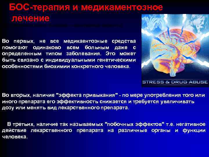 БОС-терапия и медикаментозное лечение Медикаментозное лечение - негативные аспекты: Во первых, не все медикаентозные