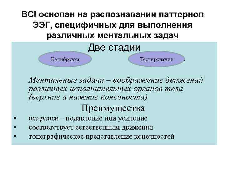 BCI основан на распознавании паттернов ЭЭГ, специфичных для выполнения различных ментальных задач Две стадии