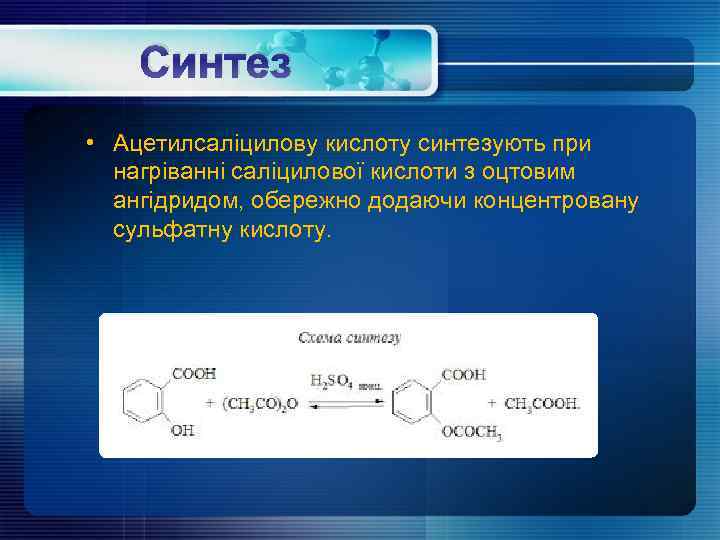 Синтез • Ацетилсаліцилову кислоту синтезують при нагріванні саліцилової кислоти з оцтовим ангідридом, обережно додаючи