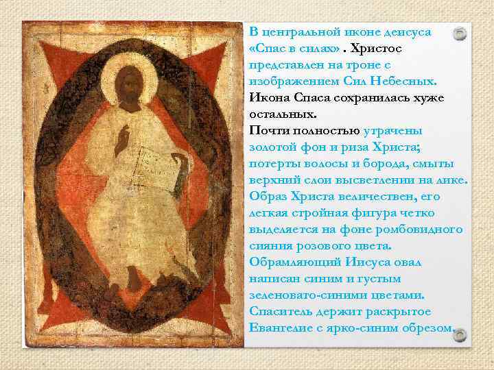 В центральной иконе деисуса «Спас в силах» . Христос представлен на троне с изображением