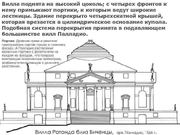 Вилла поднята на высокий цоколь; с четырех фронтов к нему примыкают портики, к которым