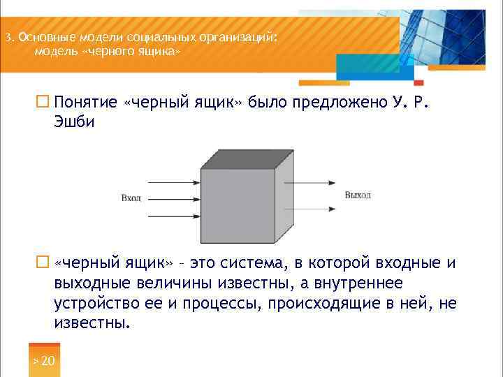 3. Основные модели социальных организаций: модель «черного ящика» ¨ Понятие «черный ящик» было предложено