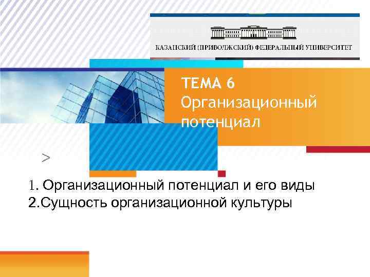 ТЕМА 6 Организационный потенциал 1. Организационный потенциал и его виды 2. Сущность организационной культуры