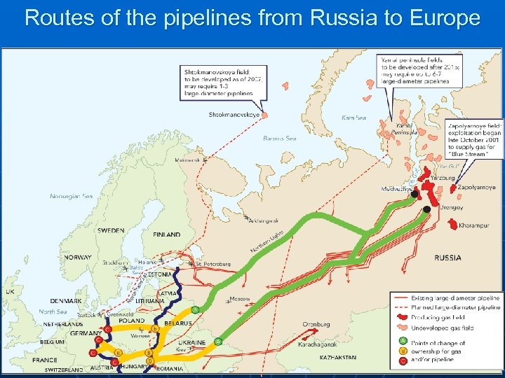 Routes of the pipelines from Russia to Europe 