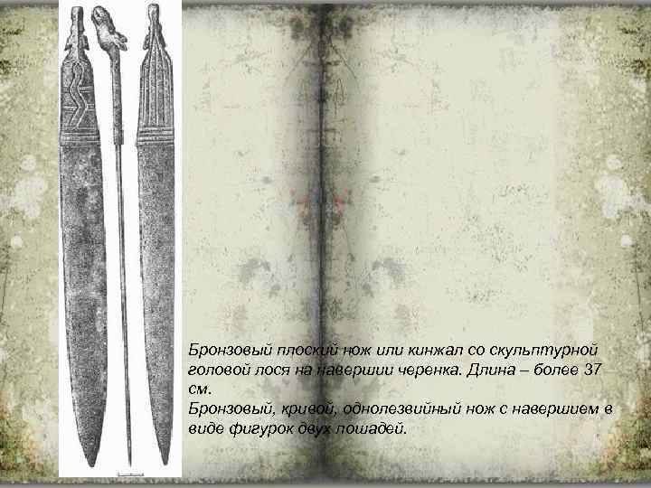 Бронзовый плоский нож или кинжал со скульптурной головой лося на навершии черенка. Длина –