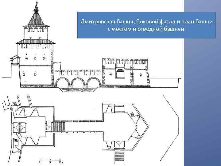 Дмитровская башня, боковой фасад и план башни с мостом и отводной башней. 