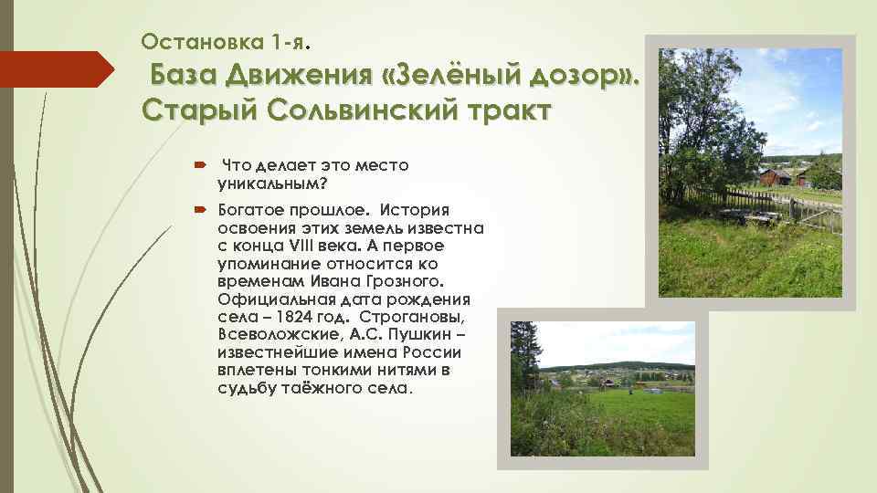 Остановка 1 -я. База Движения «Зелёный дозор» . Старый Сольвинский тракт Что делает это