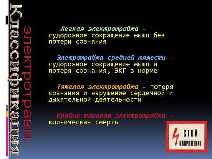  Легкая электротравма - судорожное сокращение мышц без потери сознания Элетротравма средней тяжести -