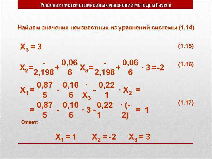 Решение системы линейных уравнений методом Гаусса Найдем значения неизвестных из уравнений системы (1. 14)