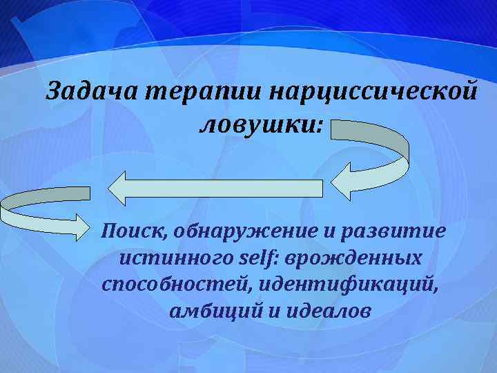 Задача терапии нарциссической ловушки: Поиск, обнаружение и развитие истинного self: врожденных способностей, идентификаций, амбиций