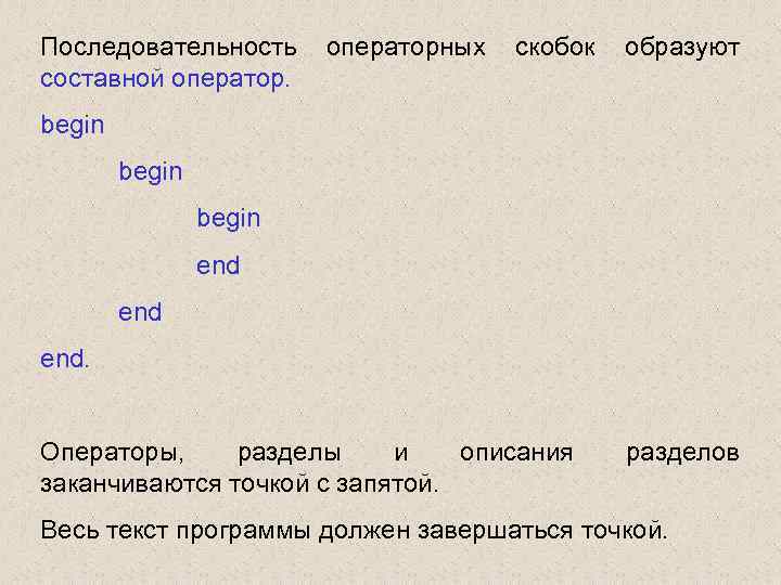 Последовательность составной операторных скобок образуют begin end end. Операторы, разделы и описания заканчиваются точкой