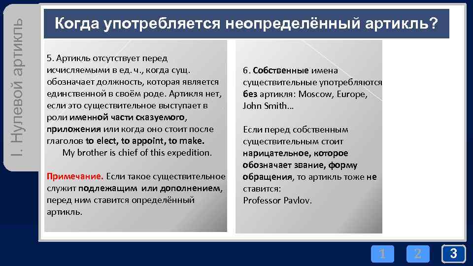 I. Нулевой артикль Когда употребляется неопределённый артикль? 5. Артикль отсутствует перед исчисляемыми в ед.