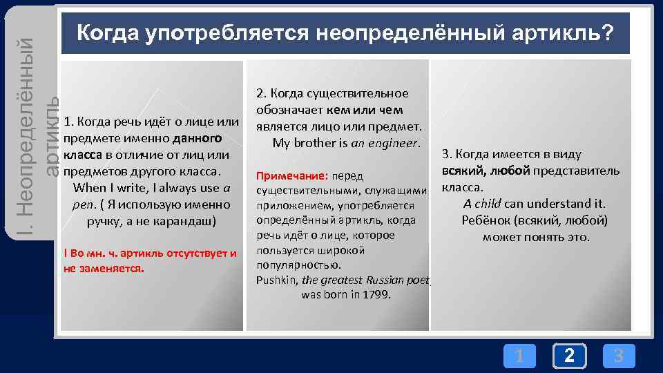 I. Неопределённый артикль Когда употребляется неопределённый артикль? 1. Когда речь идёт о лице или