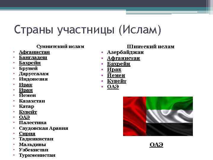 Страны участницы (Ислам) • • • • • Суннитский ислам Афганистан Бангладеш Бахрейн Бруней