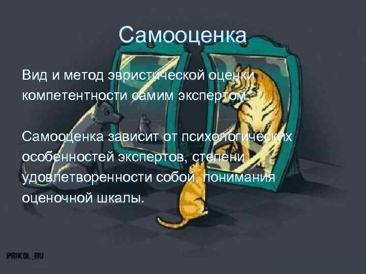 Самооценка Вид и метод эвристической оценки компетентности самим экспертом. Самооценка зависит от психологических особенностей
