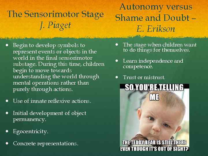 The Sensorimotor Stage J. Piaget Begin to develop symbols to represent events or objects