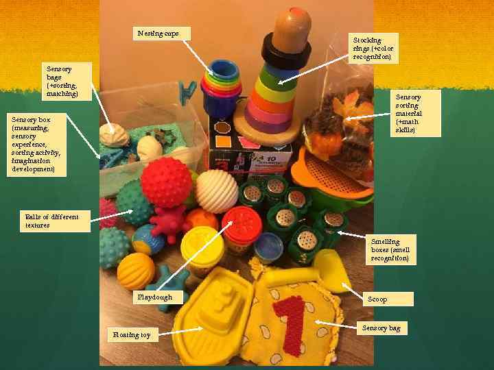 Nesting cups Stocking rings (+color recognition) Sensory bags (+sorting, matching) Sensory sorting material (+math