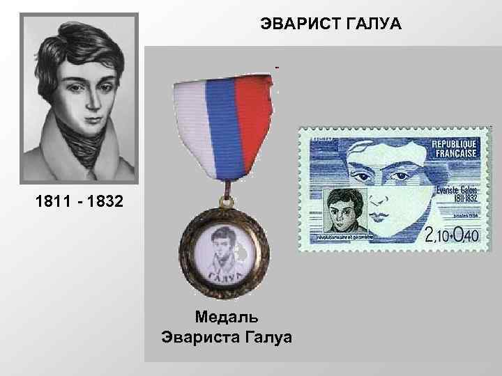 ЭВАРИСТ ГАЛУА 1811 - 1832 Выдающийся французский математик, основатель современной алгебры. Он прожил двадцать