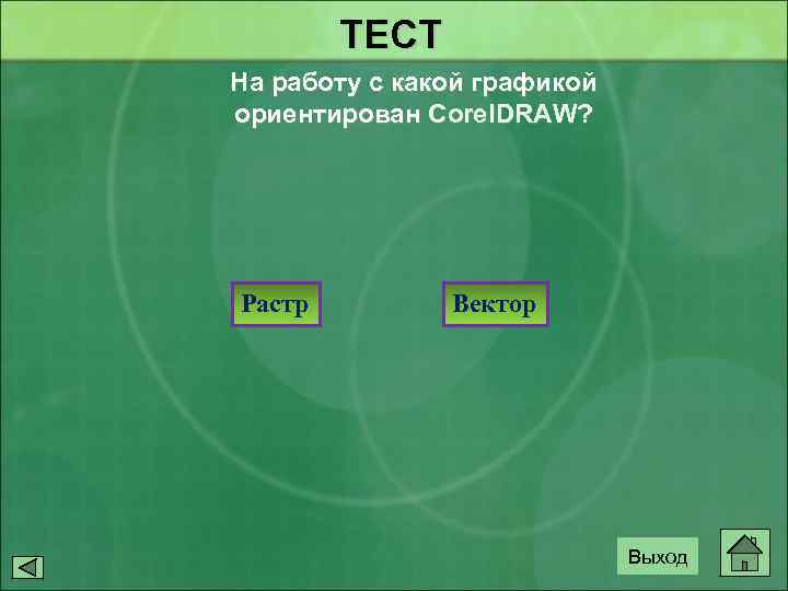 ТЕСТ На работу с какой графикой ориентирован Corel. DRAW? Растр Вектор Выход 