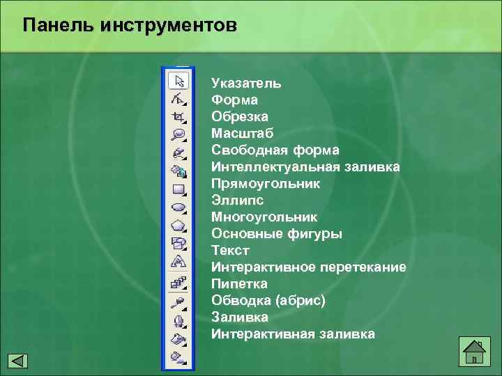 Панель инструментов Указатель Форма Обрезка Масштаб Свободная форма Интеллектуальная заливка Прямоугольник Эллипс Многоугольник Основные