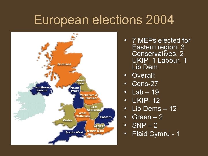 European elections 2004 • 7 MEPs elected for Eastern region; 3 Conservatives, 2 UKIP,