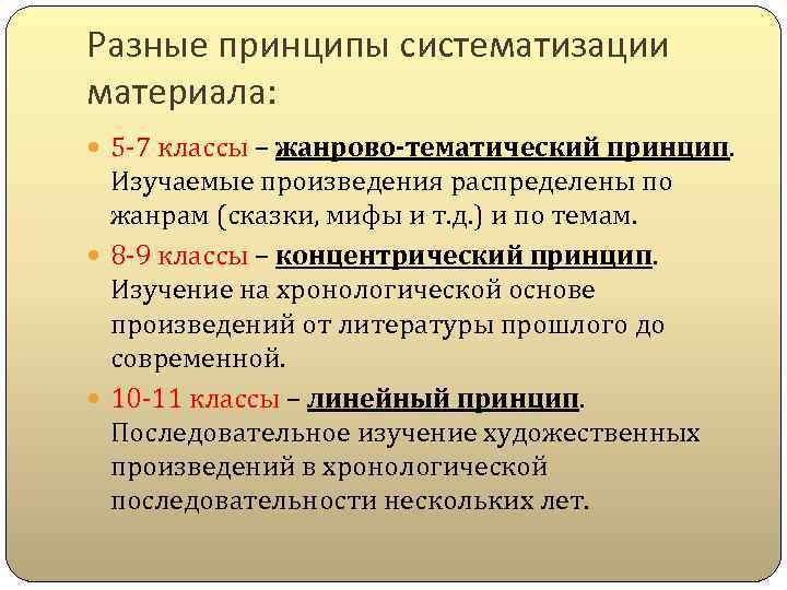 Разные принципы систематизации материала: 5 -7 классы – жанрово-тематический принцип. Изучаемые произведения распределены по