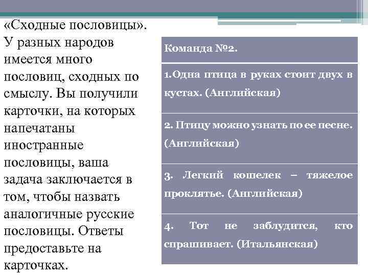  «Сходные пословицы» . У разных народов имеется много пословиц, сходных по смыслу. Вы