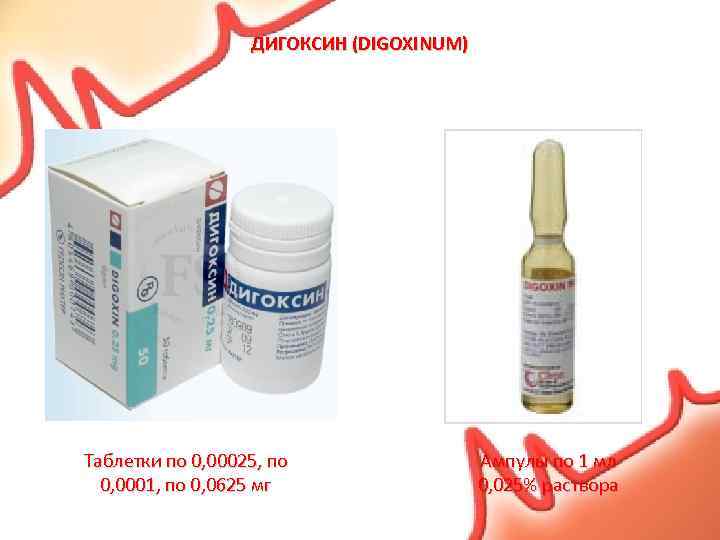ДИГОКСИН (DIGOXINUM) Таблетки по 0, 00025, по 0, 0001, по 0, 0625 мг Ампулы
