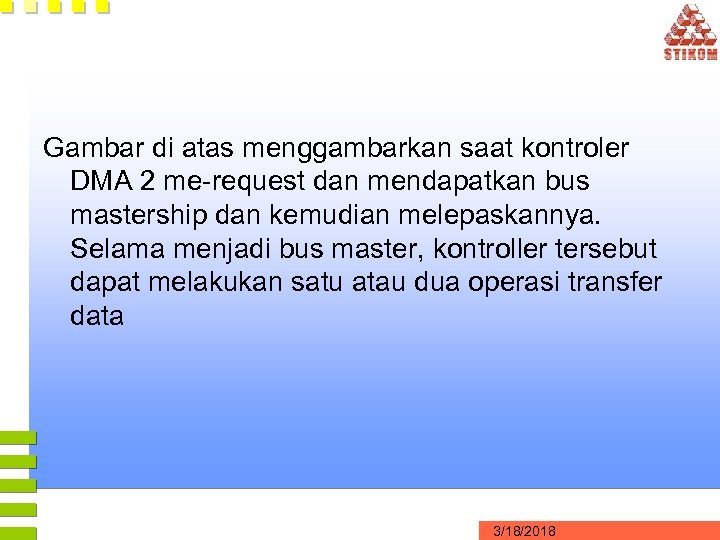 Gambar di atas menggambarkan saat kontroler DMA 2 me-request dan mendapatkan bus mastership dan