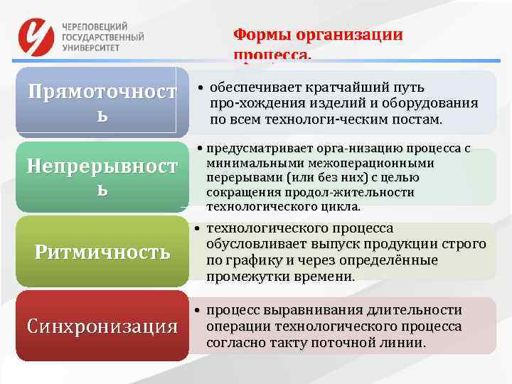 Формы организации процесса. Прямоточност ь • обеспечивает кратчайший путь про хождения изделий и оборудования