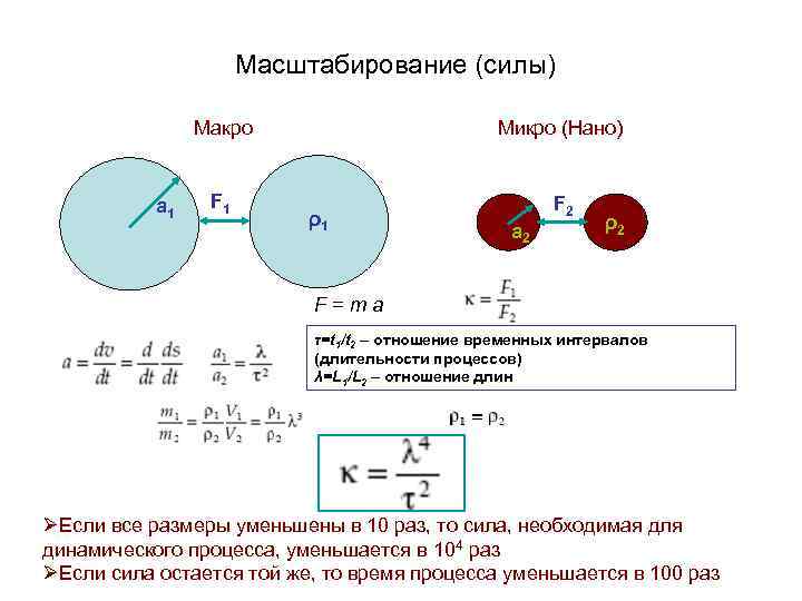 Масштабирование (силы) Макро a 1 F 1 Микро (Нано) ρ1 F 2 a 2