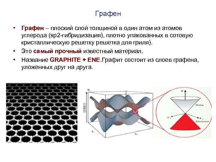 Графен • Графен – плоский слой толщиной в один атом из атомов углерода (sp