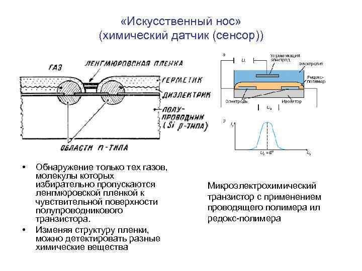  «Искусственный нос» (химический датчик (сенсор)) • • Обнаружение только тех газов, молекулы которых