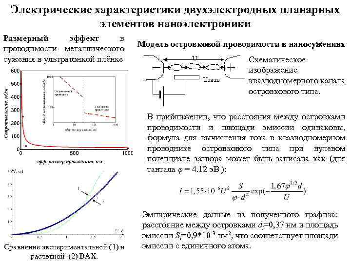 Электрические характеристики двухэлектродных планарных элементов наноэлектроники Размерный эффект в проводимости металлического сужения в ультратонкой