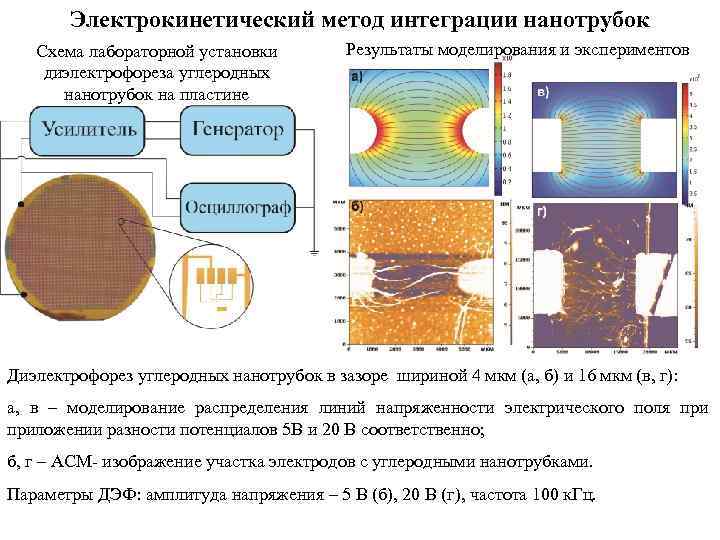 Электрокинетический метод интеграции нанотрубок Схема лабораторной установки диэлектрофореза углеродных нанотрубок на пластине Результаты моделирования
