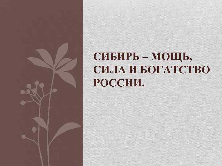 СИБИРЬ – МОЩЬ, СИЛА И БОГАТСТВО РОССИИ. 