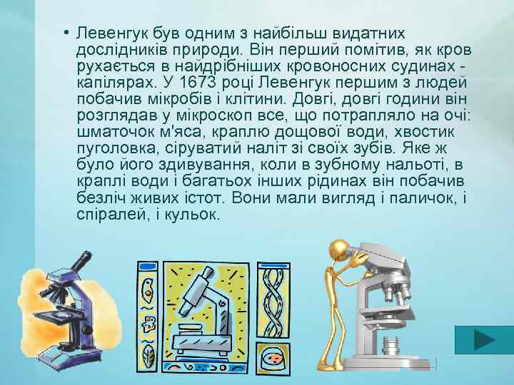  • Левенгук був одним з найбільш видатних дослідників природи. Він перший помітив, як