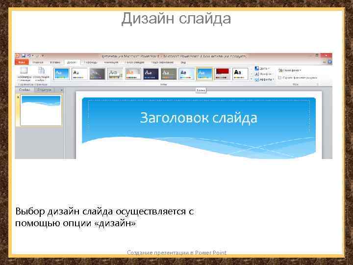 Дизайн слайда Выбор дизайн слайда осуществляется с помощью опции «дизайн» Создание презентации в Power