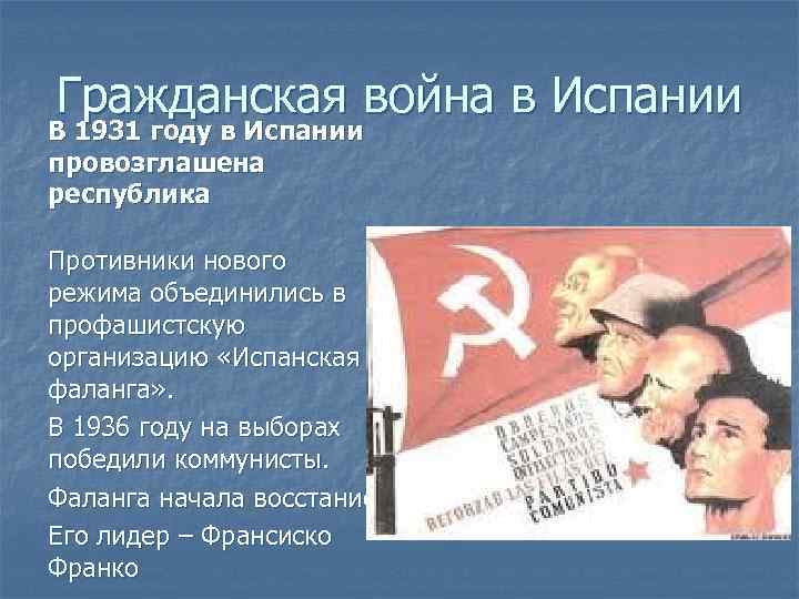 Гражданская война в Испании В 1931 году в Испании провозглашена республика Противники нового режима