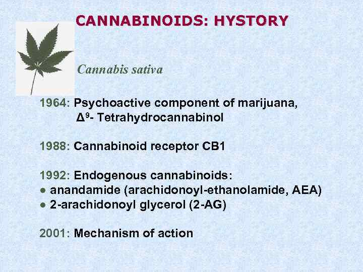 CANNABINOIDS: HYSTORY Cannabis sativa 1964: Psychoactive component of marijuana, Δ 9 - Tetrahydrocannabinol 1988: