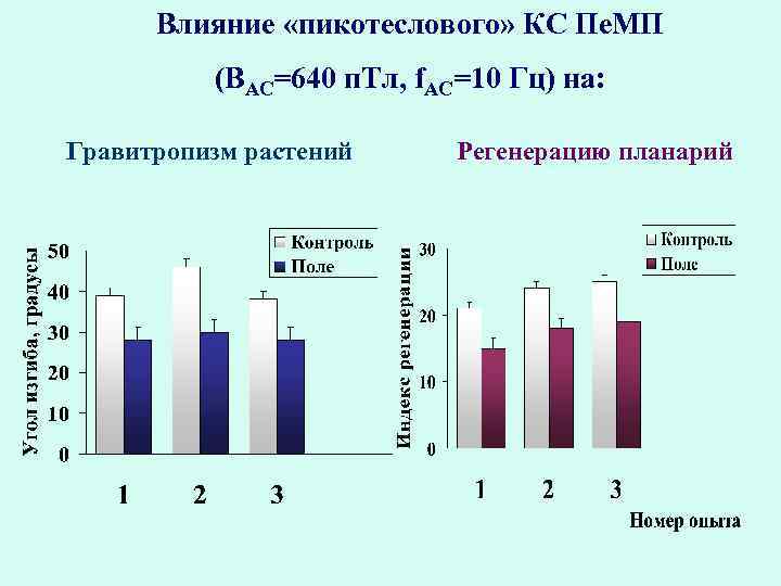 Влияние «пикотеслового» КС Пе. МП (ВАС=640 п. Тл, f. AC=10 Гц) на: Гравитропизм растений