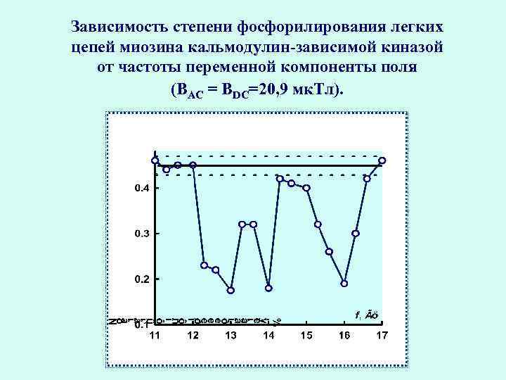 Зависимость степени фосфорилирования легких цепей миозина кальмодулин-зависимой киназой от частоты переменной компоненты поля (BАC