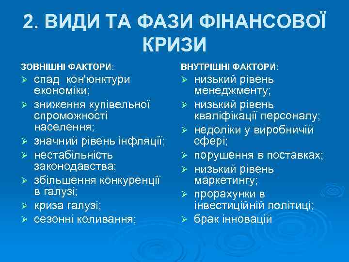 2. ВИДИ ТА ФАЗИ ФІНАНСОВОЇ КРИЗИ ЗОВНІШНІ ФАКТОРИ: Ø Ø Ø Ø спад кон'юнктури