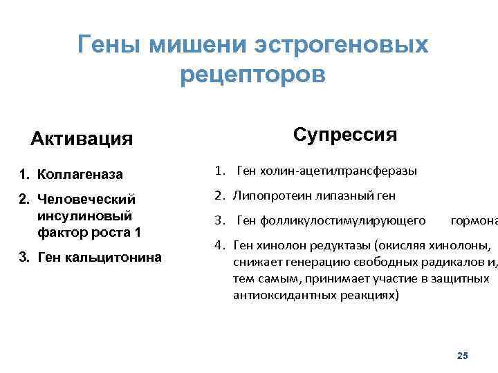 Гены мишени эстрогеновых рецепторов Активация Супрессия 1. Коллагеназа 1. Ген холин-ацетилтрансферазы 2. Человеческий инсулиновый