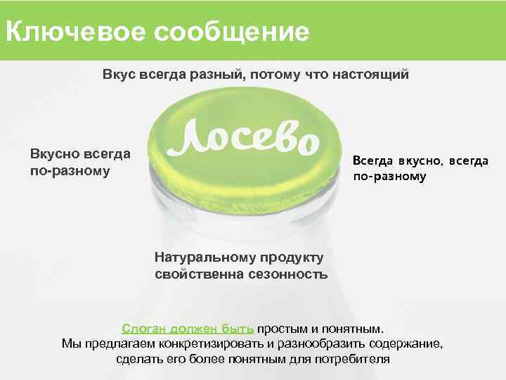Ключевое сообщение Вкус всегда разный, потому что настоящий Вкусно всегда по-разному Всегда вкусно, всегда