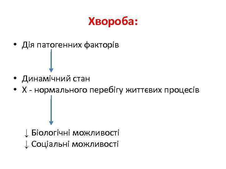 Хвороба: • Дія патогенних факторів • Динамічний стан • Х - нормального перебігу життєвих